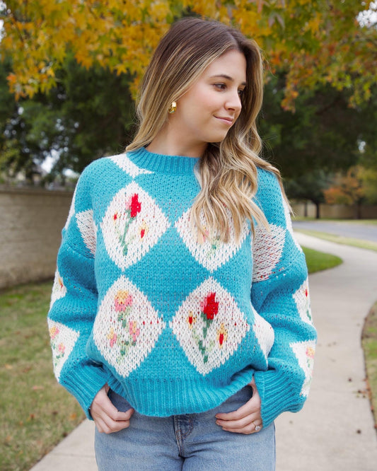 Emily Vintage Floral Sweater - Teal