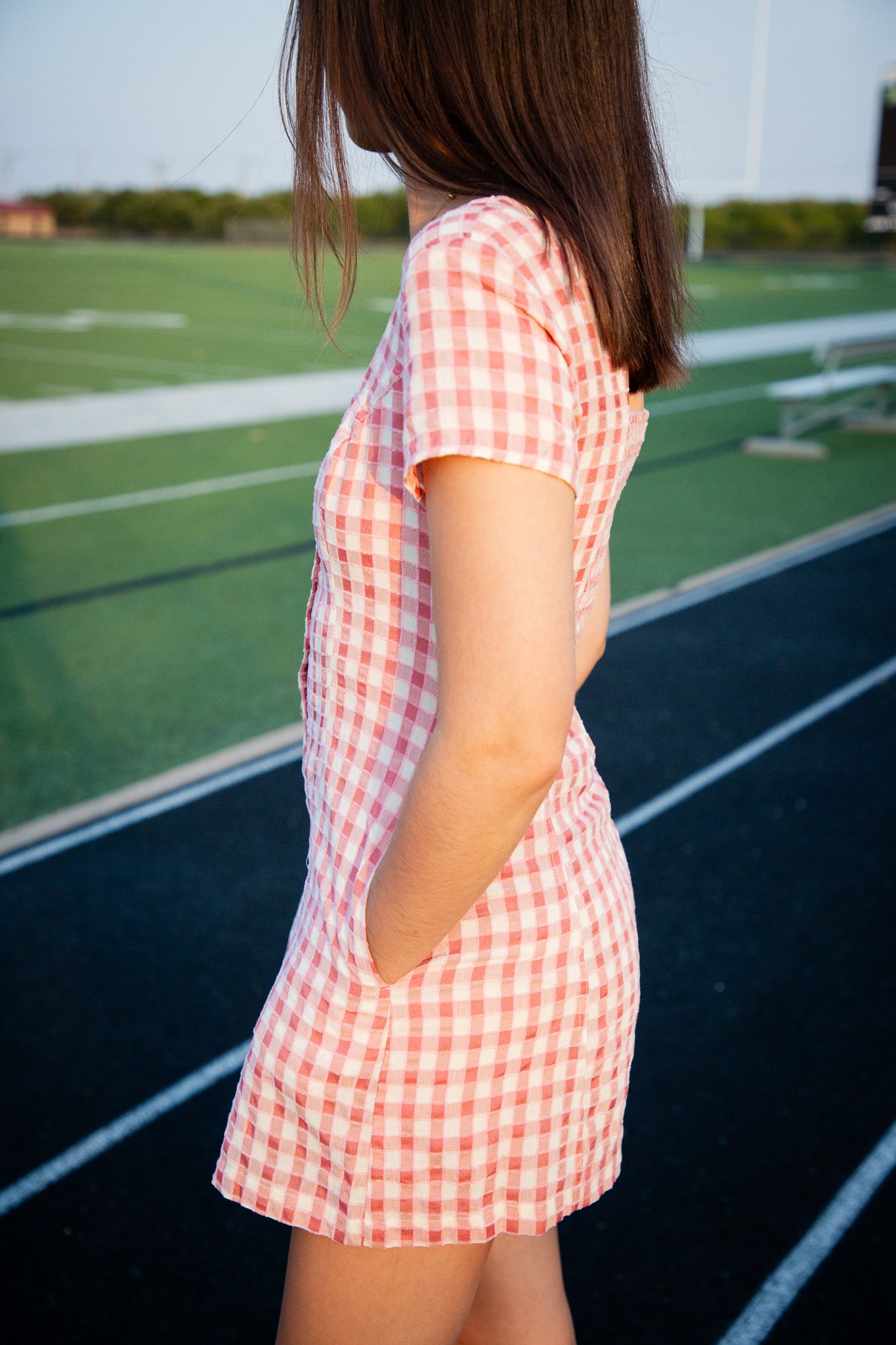 Sideline Plaid Button Down Romper - Coral