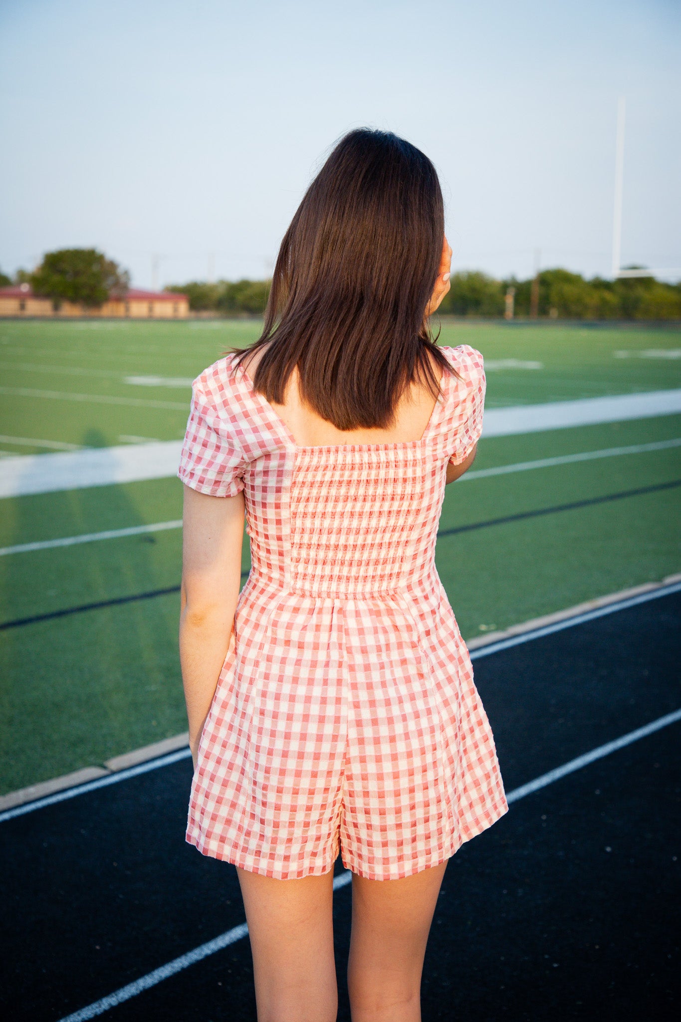 Sideline Plaid Button Down Romper - Coral