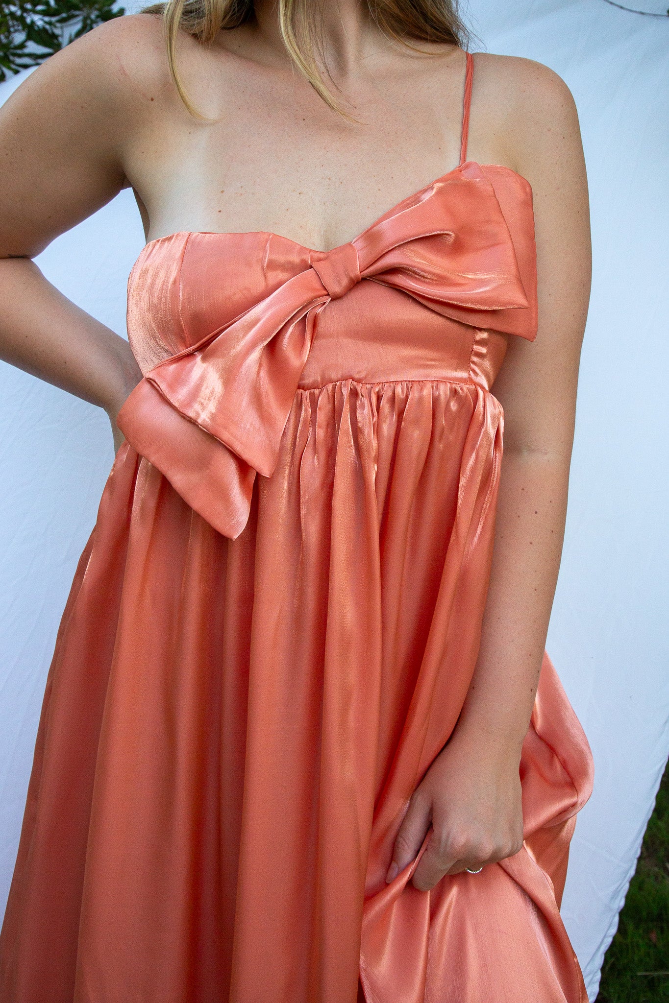 Santorini Satin Metallic Bow Maxi Dress - Orange