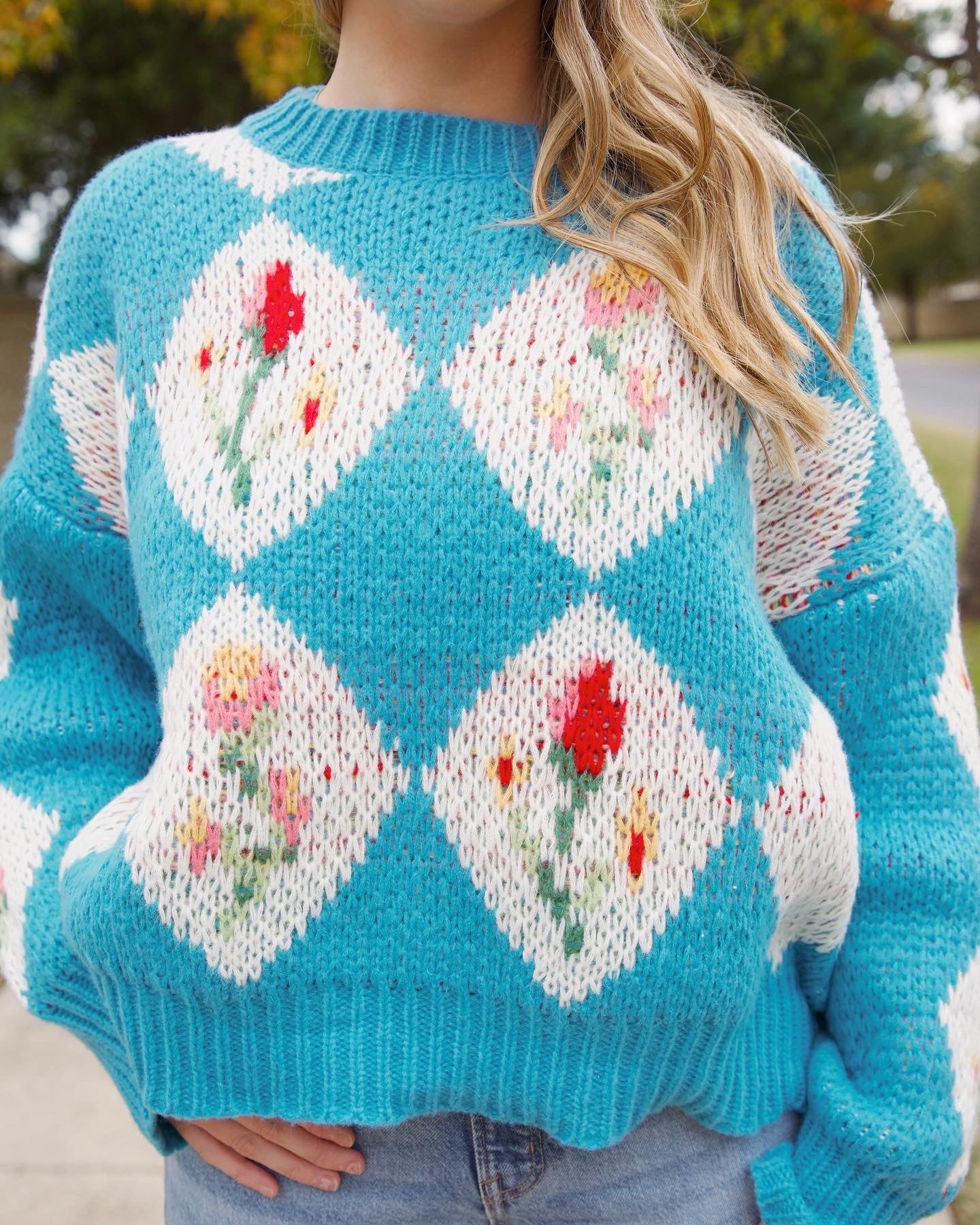 Emily Vintage Floral Sweater - Teal