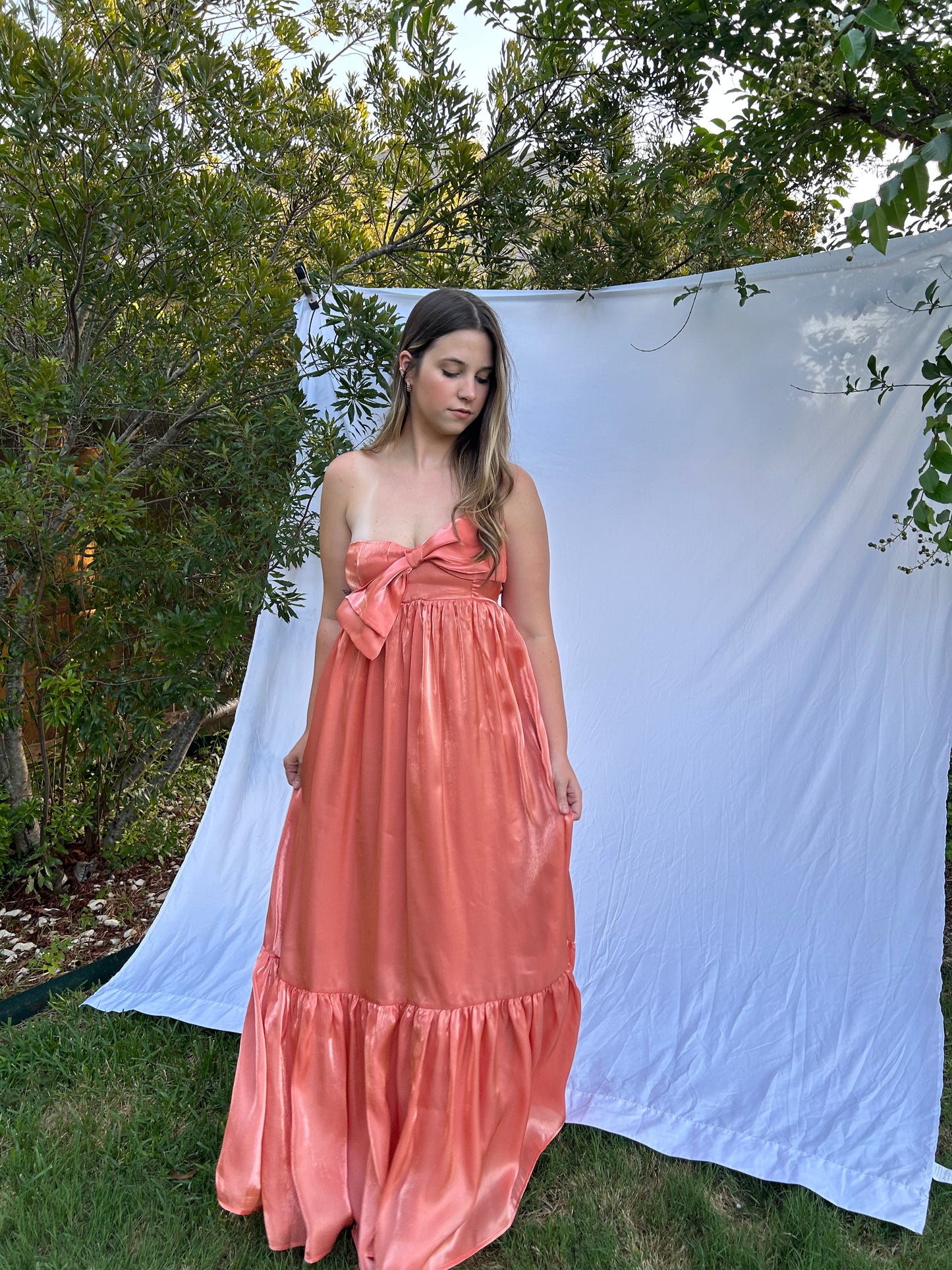 Santorini Satin Metallic Bow Maxi Dress - Orange