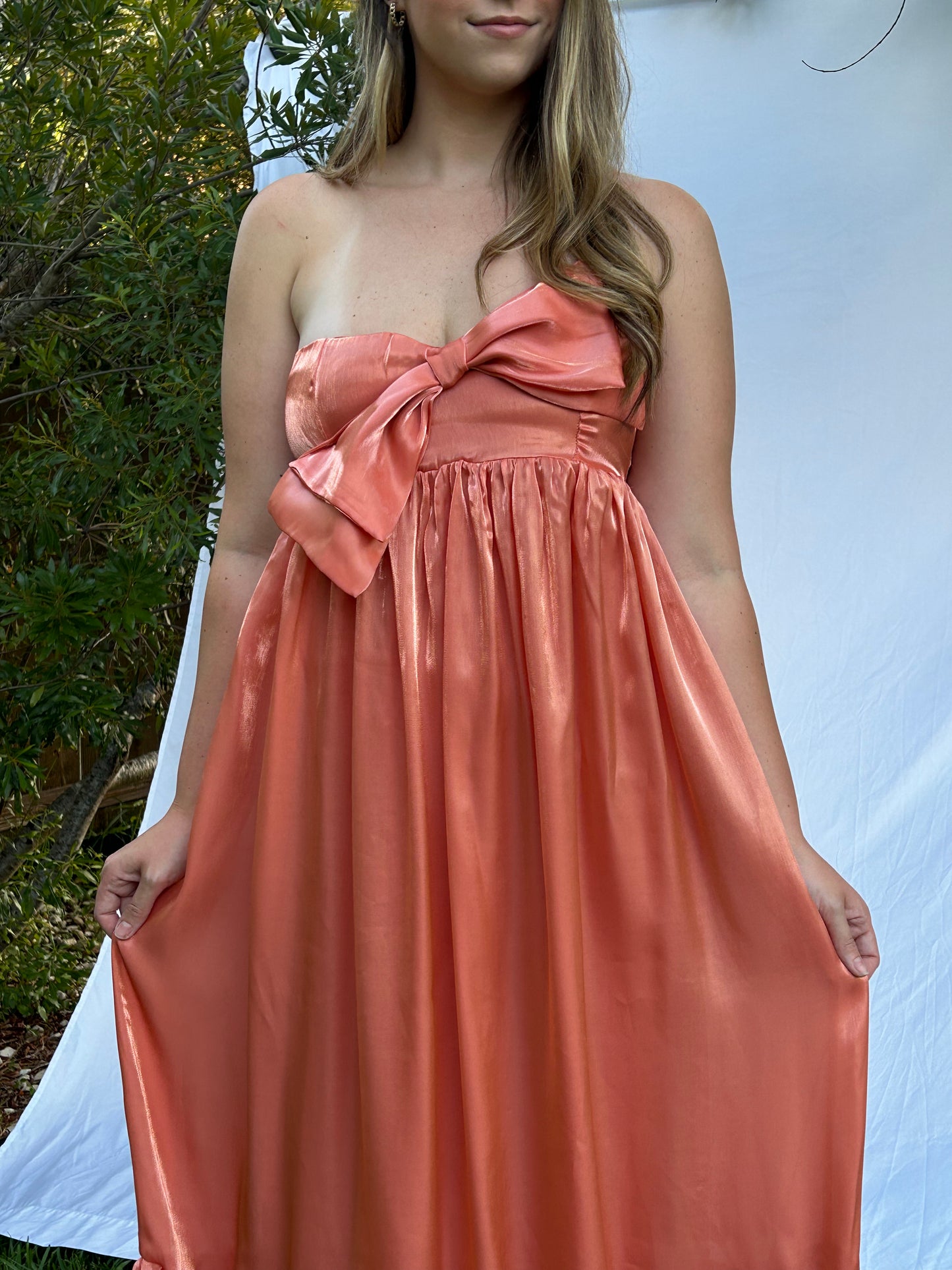 Santorini Satin Metallic Bow Maxi Dress - Orange