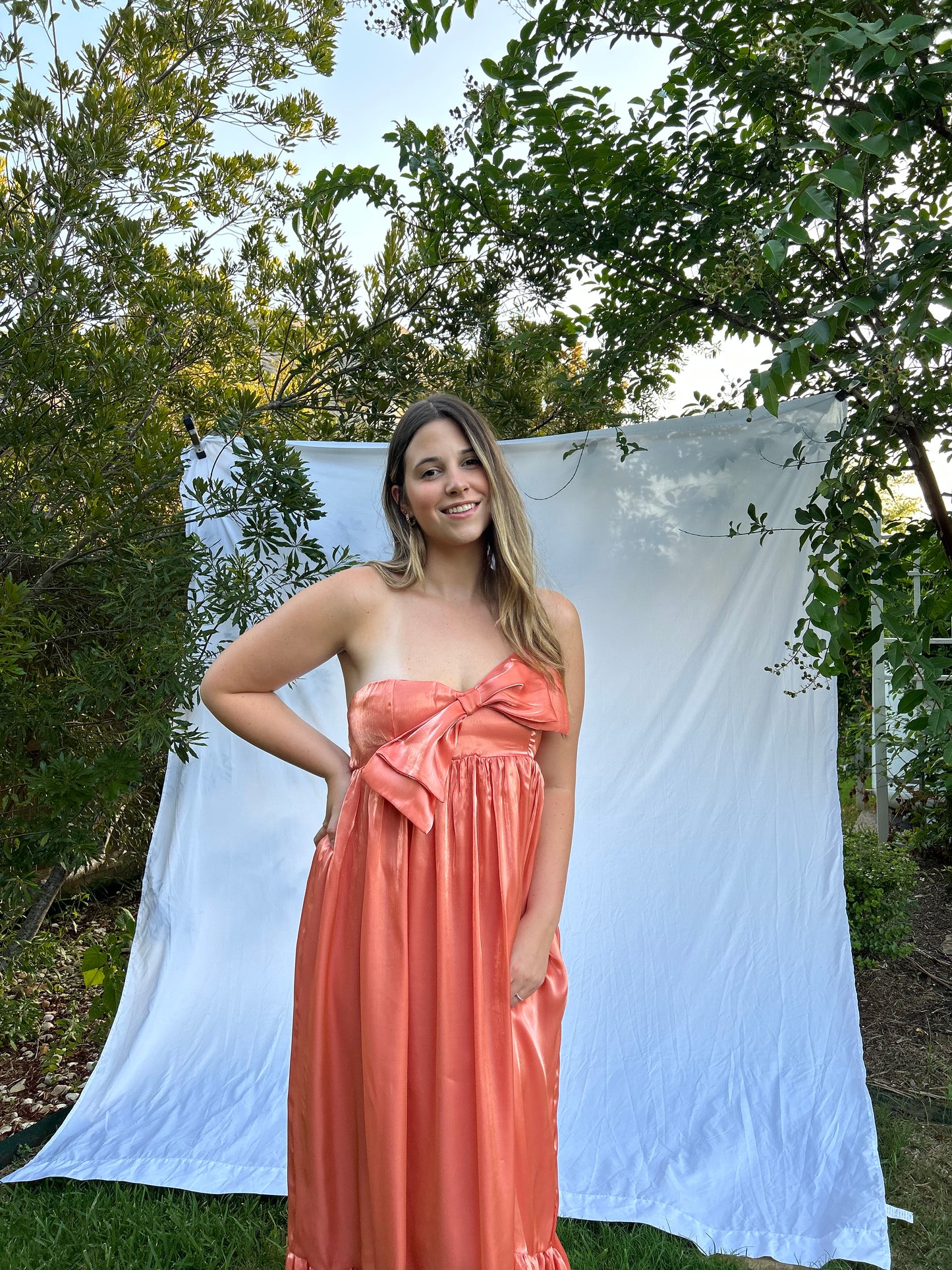 Santorini Satin Metallic Bow Maxi Dress - Orange